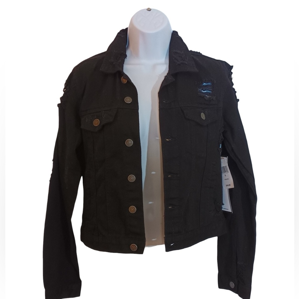 Almost Famous Distressed Black Denim Jean Trucker Jacket Size S